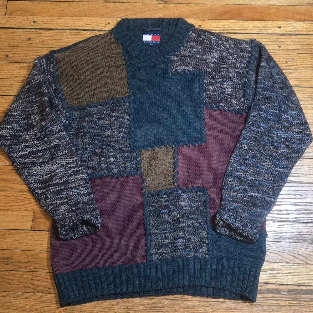 Tommy Hilfiger Men’s Patchwork Crewneck Sweater - Teal, Burgundy, Brown